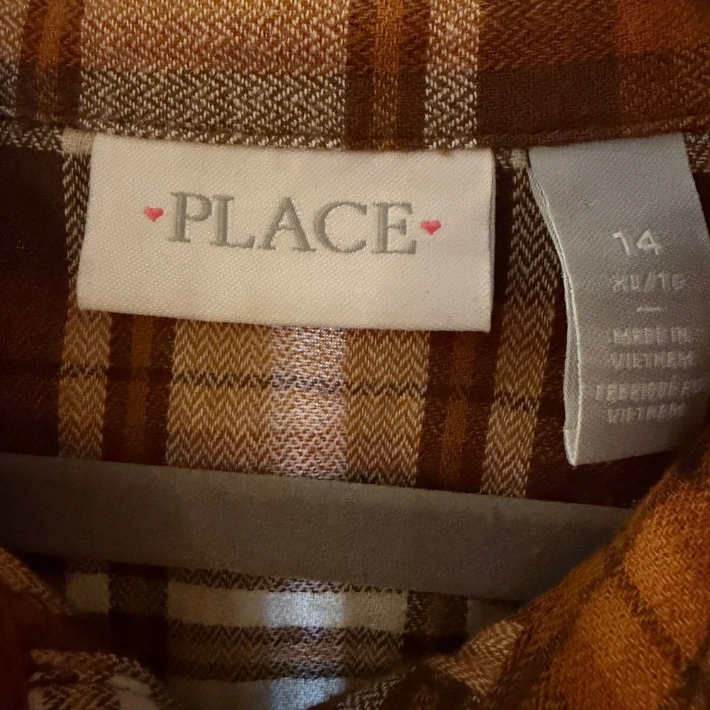 The Childrens Place Plaid Flannel‎ Shirt Dress Girls 14 XL Brown Orange Cotton